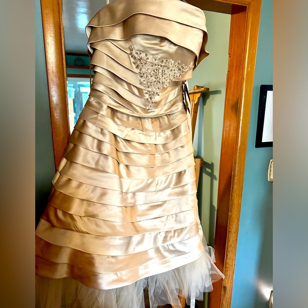 NWT JJ's House formal tea length, size 14, champagne coloured dress